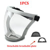 A clear protective face mask with a gray frame and detachable breathable plate shown from above.