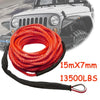Red synthetic winch rope coiled in a black protective sheath, shown next to a Jeep.