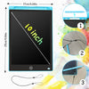 A black LCD writing tablet with a blue frame and stylus pen shown in various angles.