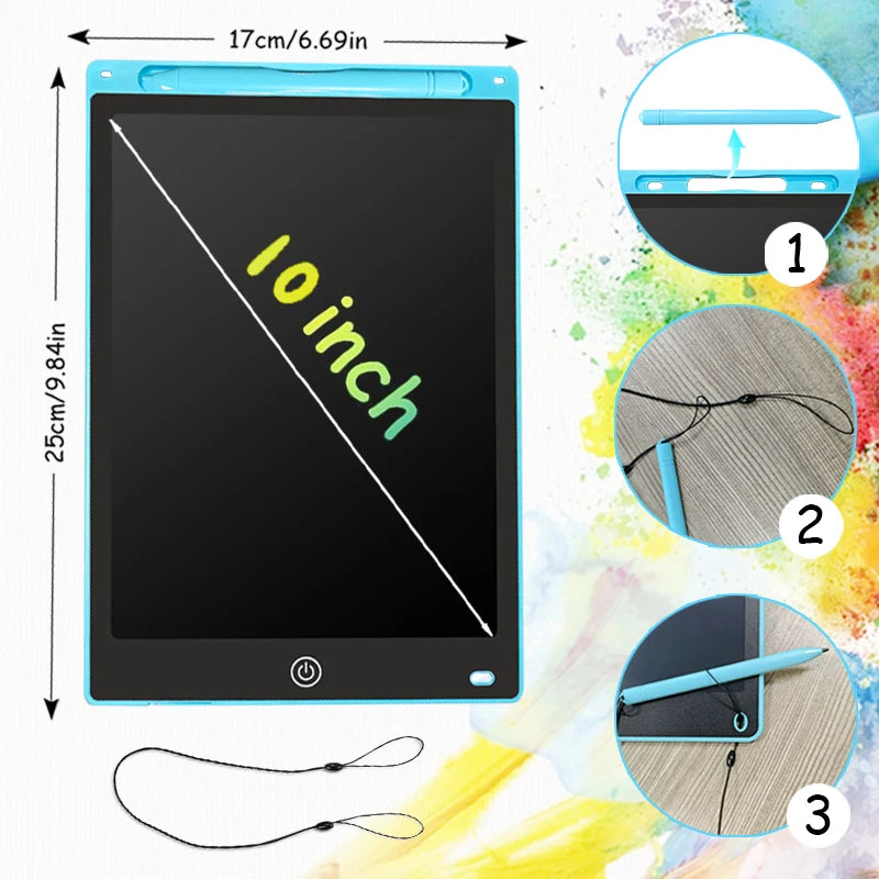 A black LCD writing tablet with a blue frame and stylus pen shown in various angles.