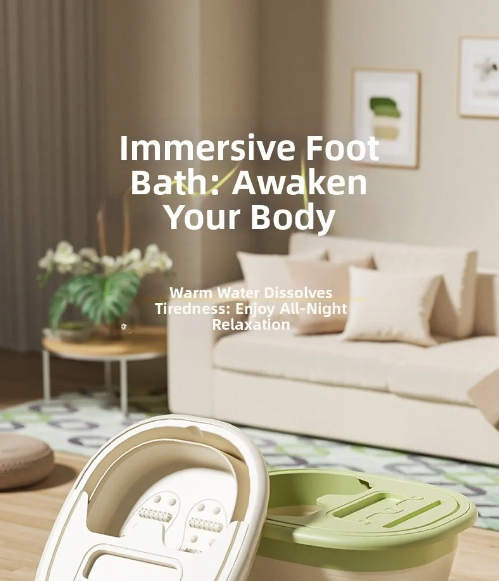 A white foldable foot bath tub with a lid is shown in the foreground on a wooden surface.