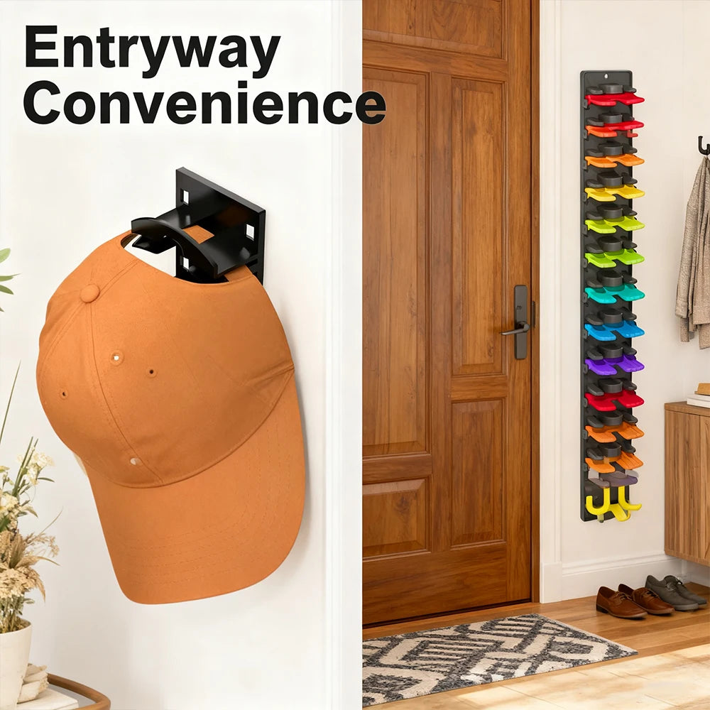 Wall-mounted organizer rack displaying various baseball caps in colorful plastic holders.