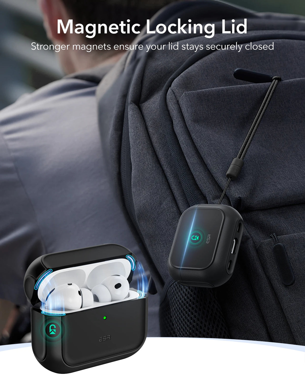 A black AirPods Pro case with a magnetic locking lid is shown attached to a dark gray backpack.