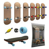 A set of precision wooden finger skateboards in various colors and a complete skateboard.
