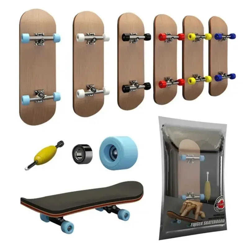 A set of precision wooden finger skateboards in various colors and a complete skateboard.