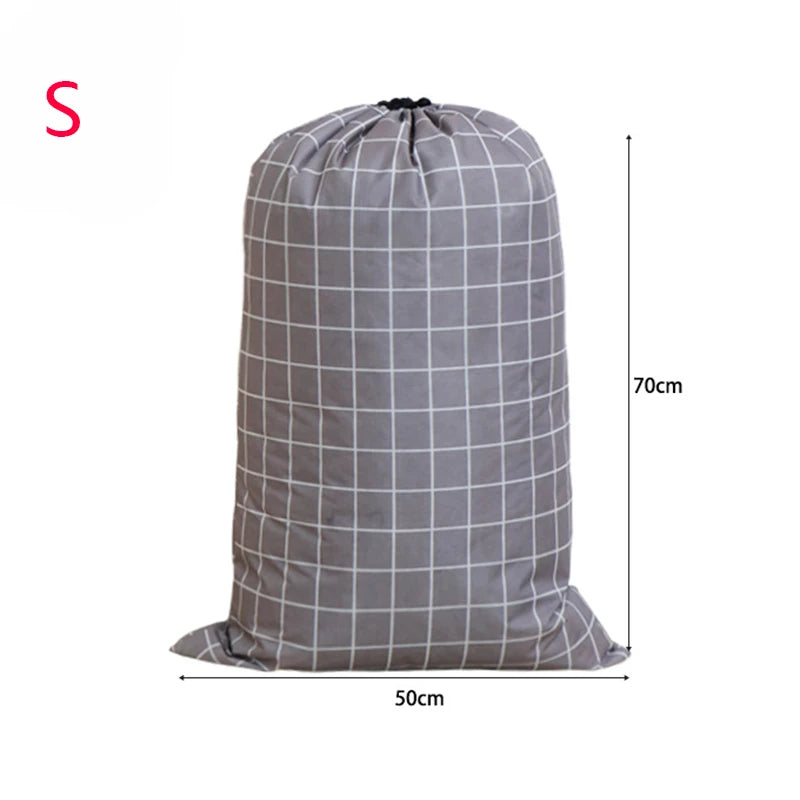 A gray drawstring laundry bag made of waterproof oxford cloth, shown from the front.