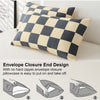 A checkered print pillowcase with an envelope closure design shown in three steps.