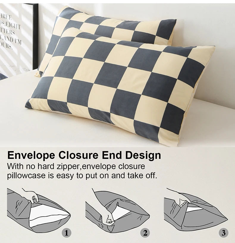 A checkered print pillowcase with an envelope closure design shown in three steps.