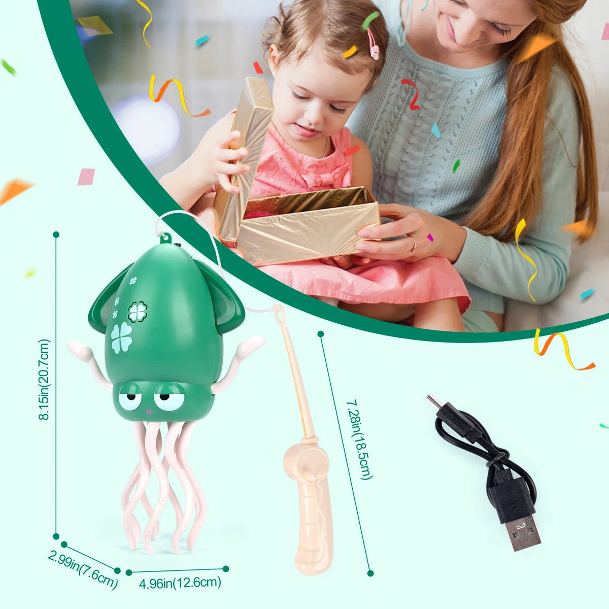 A young girl is interacting with an interactive musical dancing toy featuring a green head and pink tentacles.
