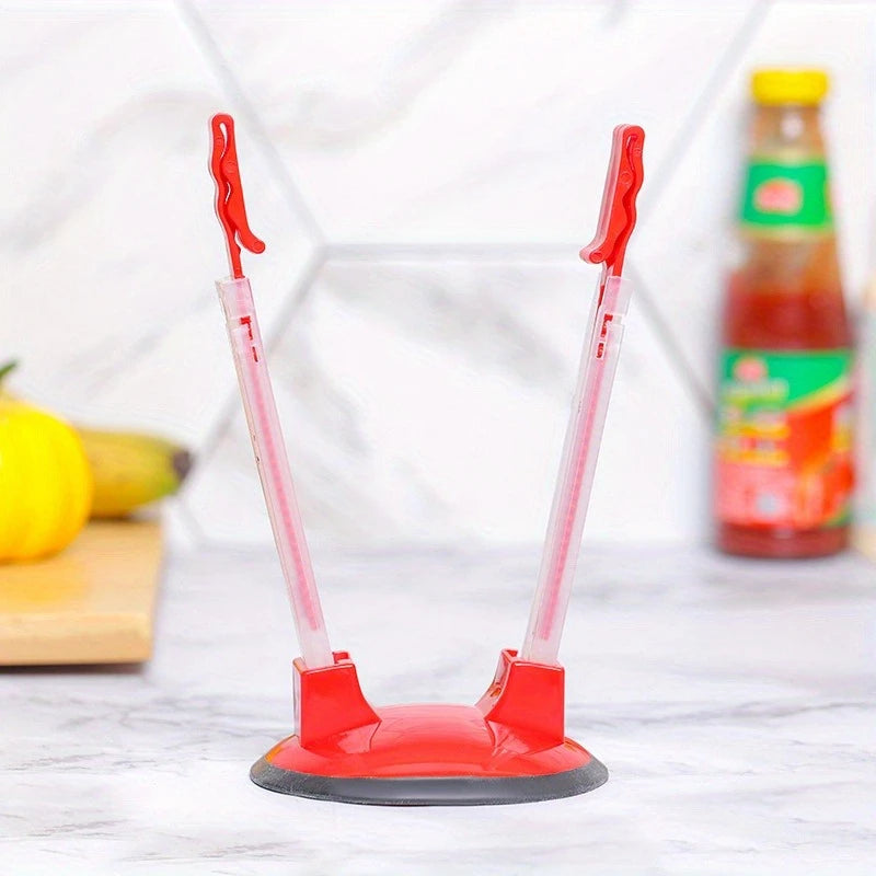 A red adjustable bag holder rack for kitchen storage is shown on a white marble surface.