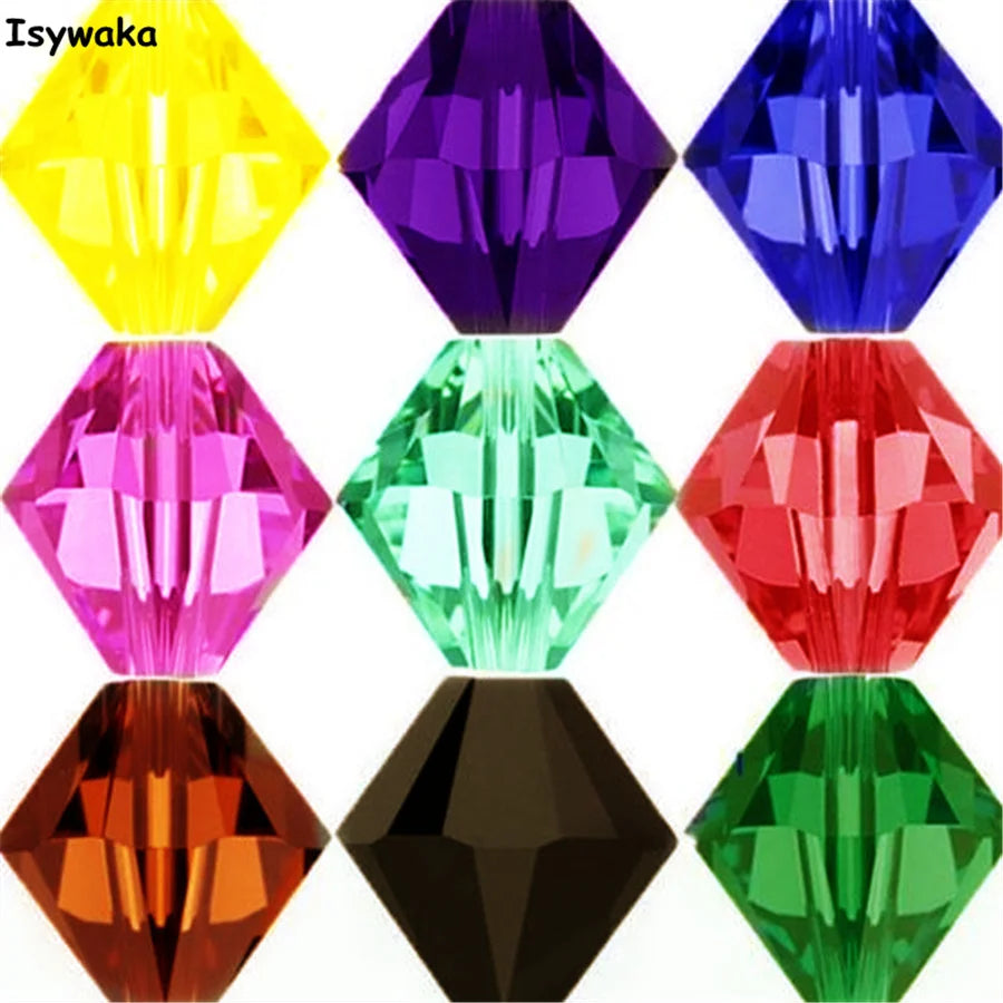 Eine Sammlung von zehn facettierten Kristallperlen in verschiedenen Farben darunter Gelb, Lila, Blau, Pink, Grün, Rot und Sch