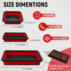 Three sizes of collapsible magnetic parts trays in red and black showing dimensions.