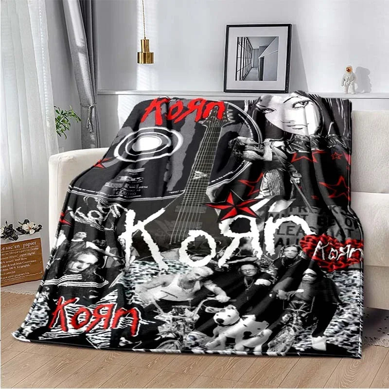 A black and white graphic fleece throw blanket featuring My Chemical Romance band imagery.
