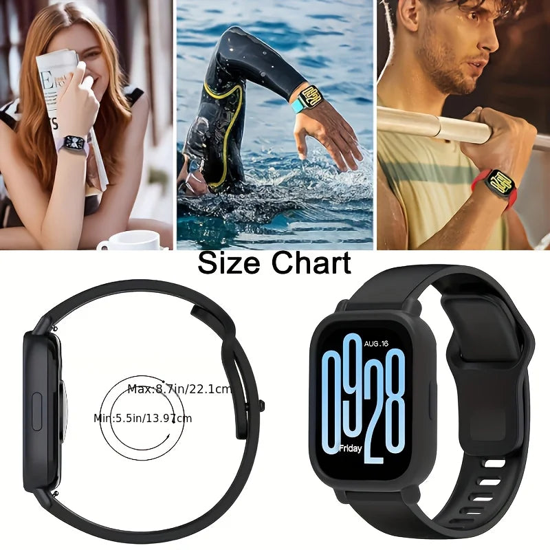 A size chart and a black silicone watch band with a protective case for a Redmi Watch Active 5 or Watch 5 Lite.