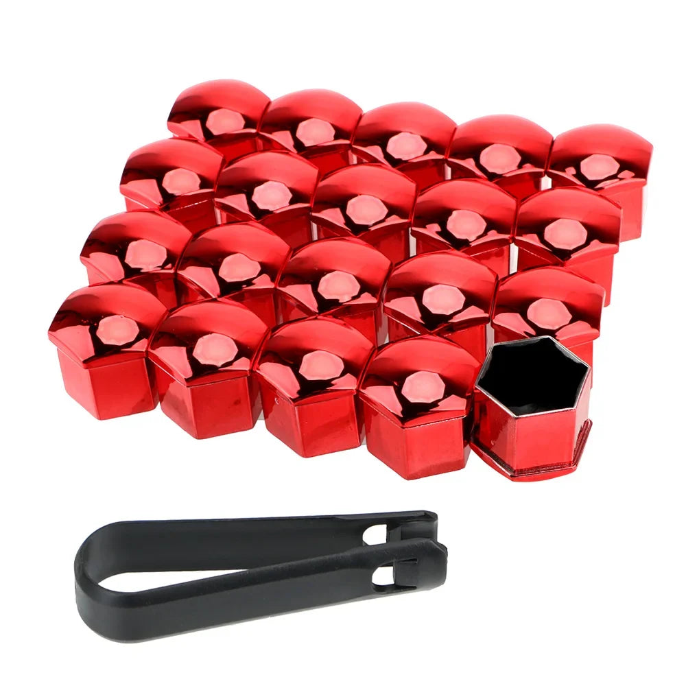 A set of twenty shiny red anti-rust wheel nut caps arranged in a grid, with a black tool visible below.