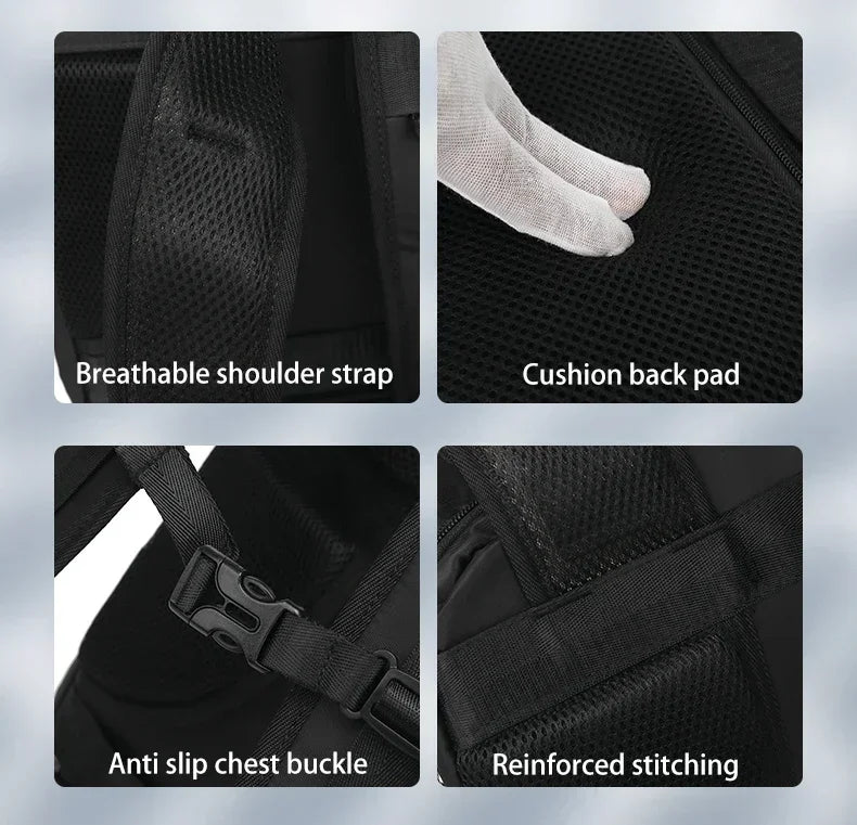 Close-up views of a black nylon laptop backpack showing breathable shoulder strap, cushion back pad, anti slip chest buckle, 