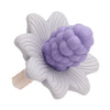 Silicone baby teether toys shaped like a flower and a grape, in white and purple colors.