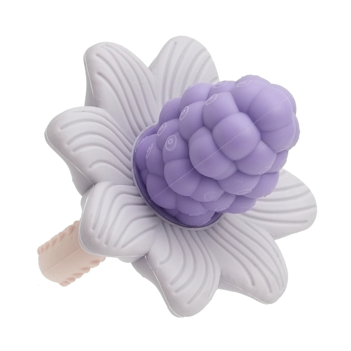 Silicone baby teether toys shaped like a flower and a grape, in white and purple colors.