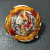 A metal battle spinning top featuring gold and red accents with a clear center.