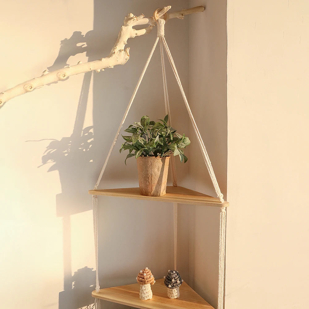 Triangle Wood Floating Wall Shelf with Macrame Rope