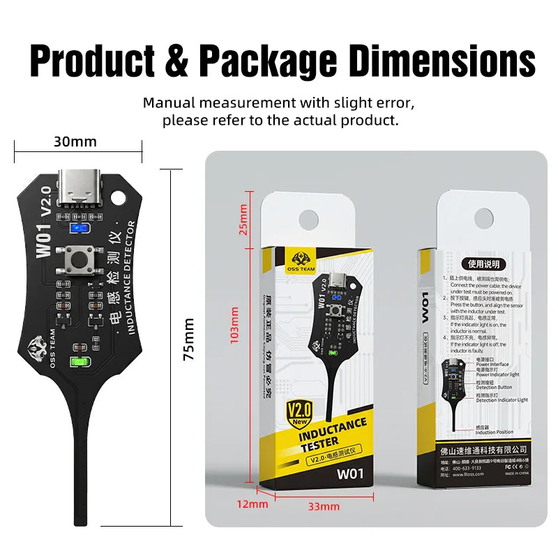 A black portable inductor tester device with various components shown alongside its dimensions.