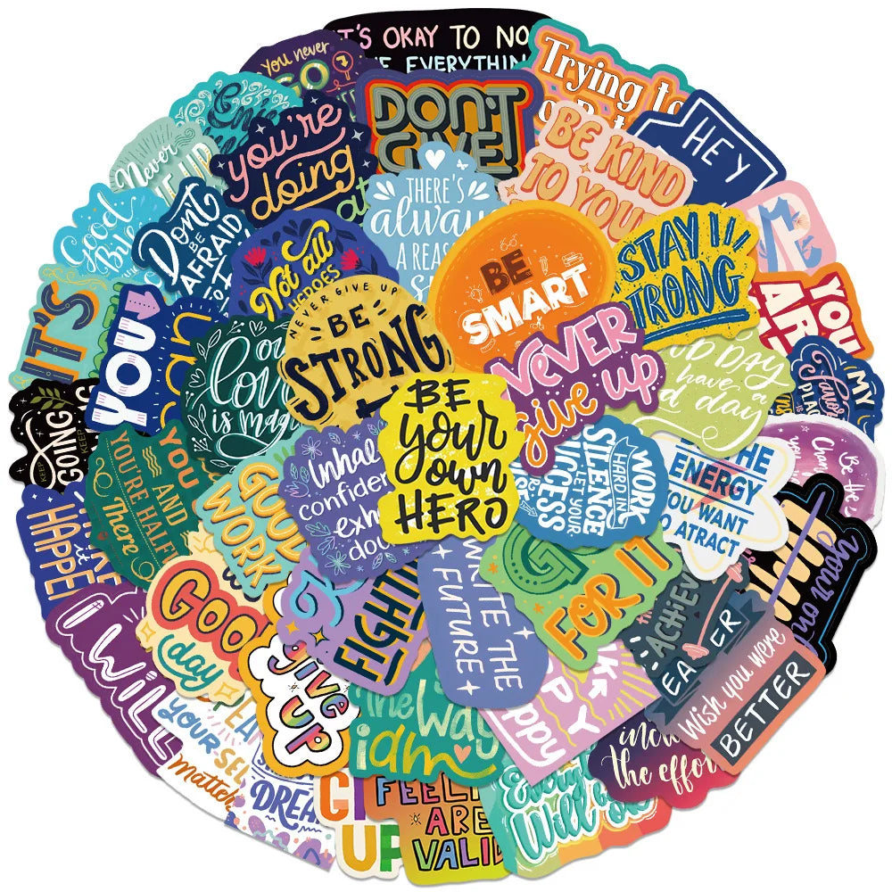 A colorful circle of inspirational English quotes and affirmations stickers for DIY decoration