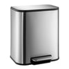 A modern stainless steel trash can with a soft-close lid and a step pedal.