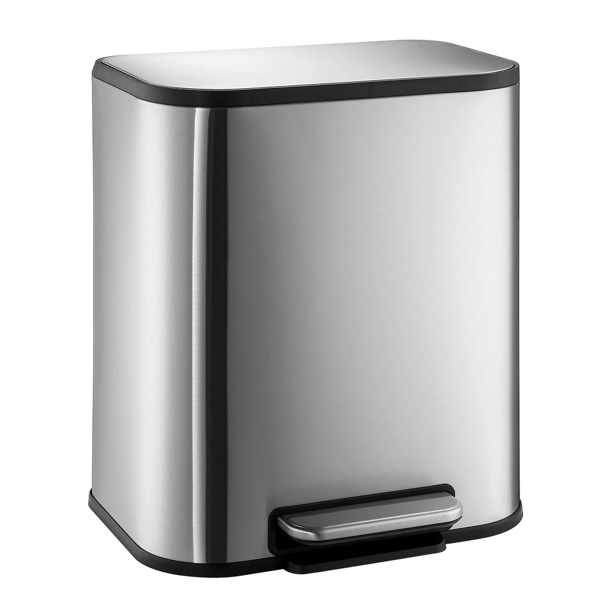 A modern stainless steel trash can with a soft-close lid and a step pedal.