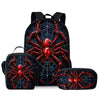A black backpack featuring a red spider design, shown with an attached lunch bag and pencil case.