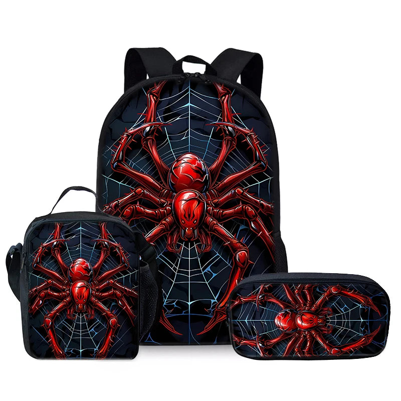 A black backpack featuring a red spider design, shown with an attached lunch bag and pencil case.