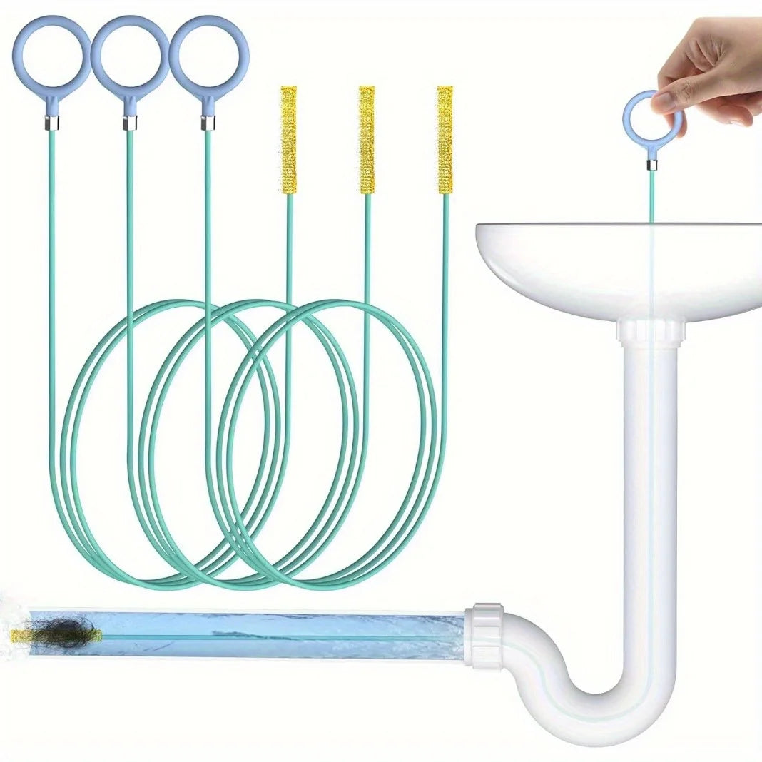 A set of flexible drain cleaning tools with coiled hoses and tips shown next to a white sink drain.