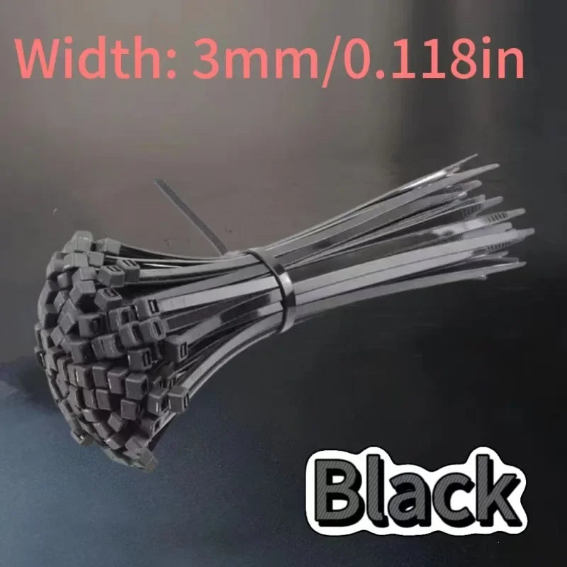 A bundle of black heavy-duty self-locking nylon cable ties with a width of 3mm.