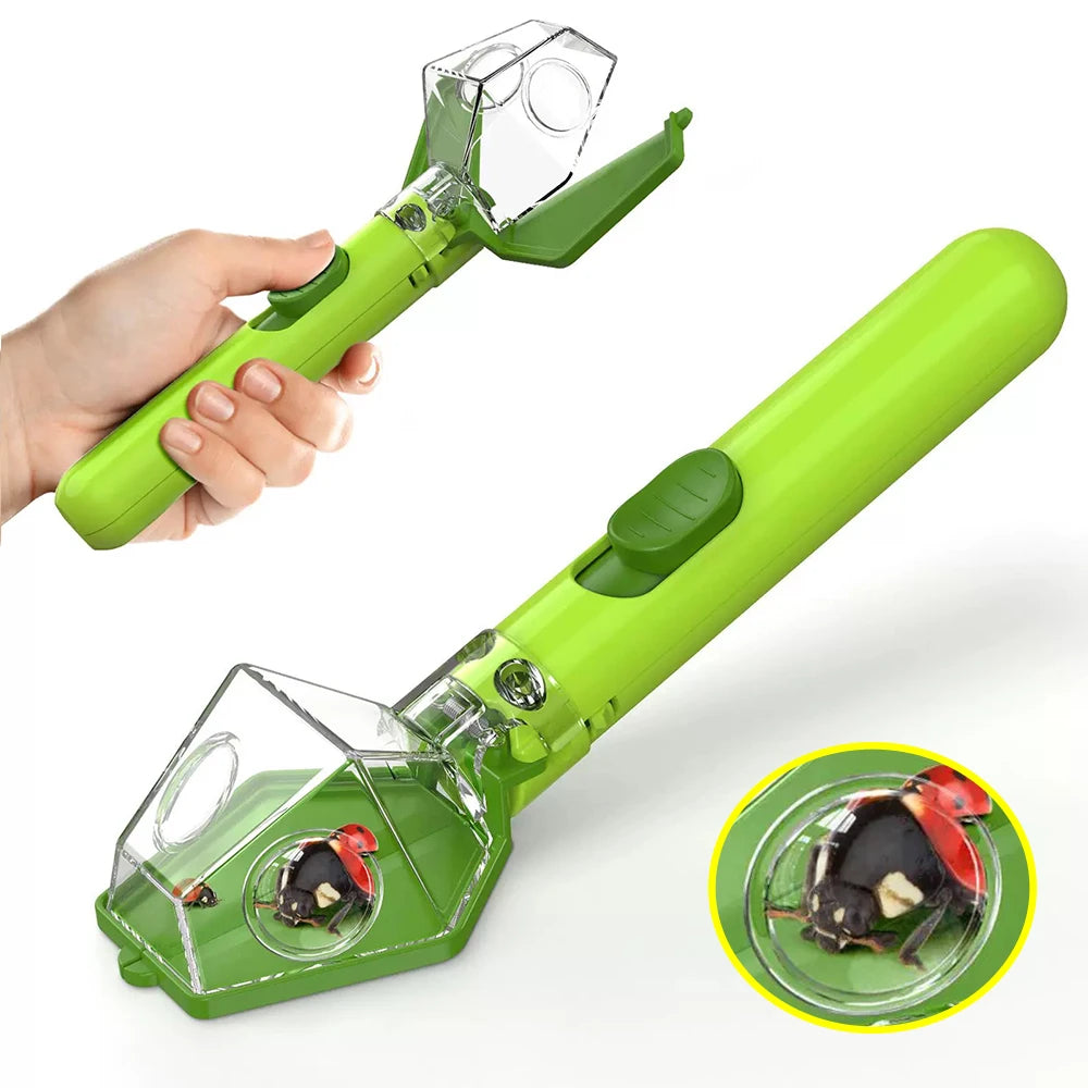 A hand holds a bright green eco-friendly bug catcher and magnifying viewer for kids, showing a small insect.