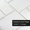Close-up view of white notebook inner pages showing various ruled and grid designs for refill paper.