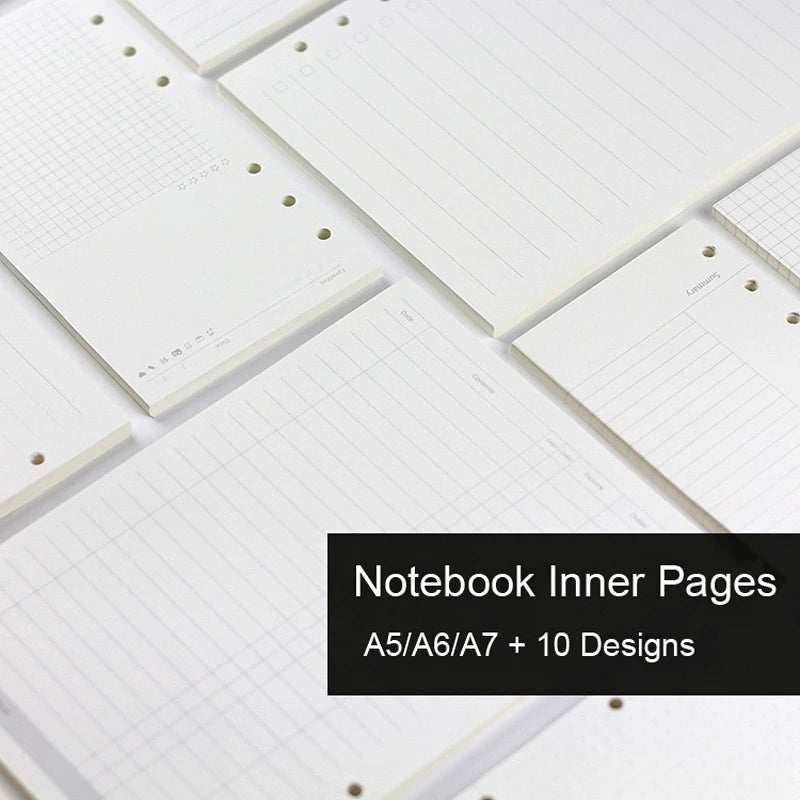 Close-up view of white notebook inner pages showing various ruled and grid designs for refill paper.