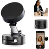 A black magnetic foldable car phone mount is shown with a smartphone attached and a woman using it.