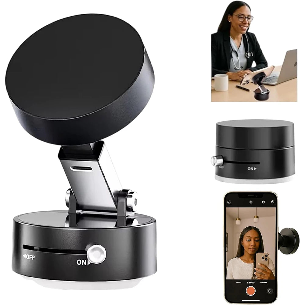 A black magnetic foldable car phone mount is shown with a smartphone attached and a woman using it.