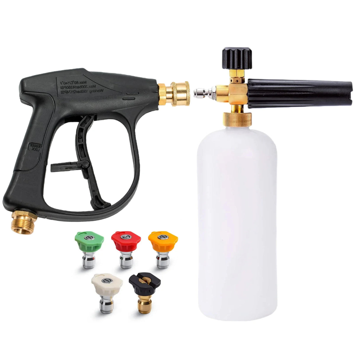 Foam cannon car wash kit with a black foam gun, white bottle, and five metal nozzles.