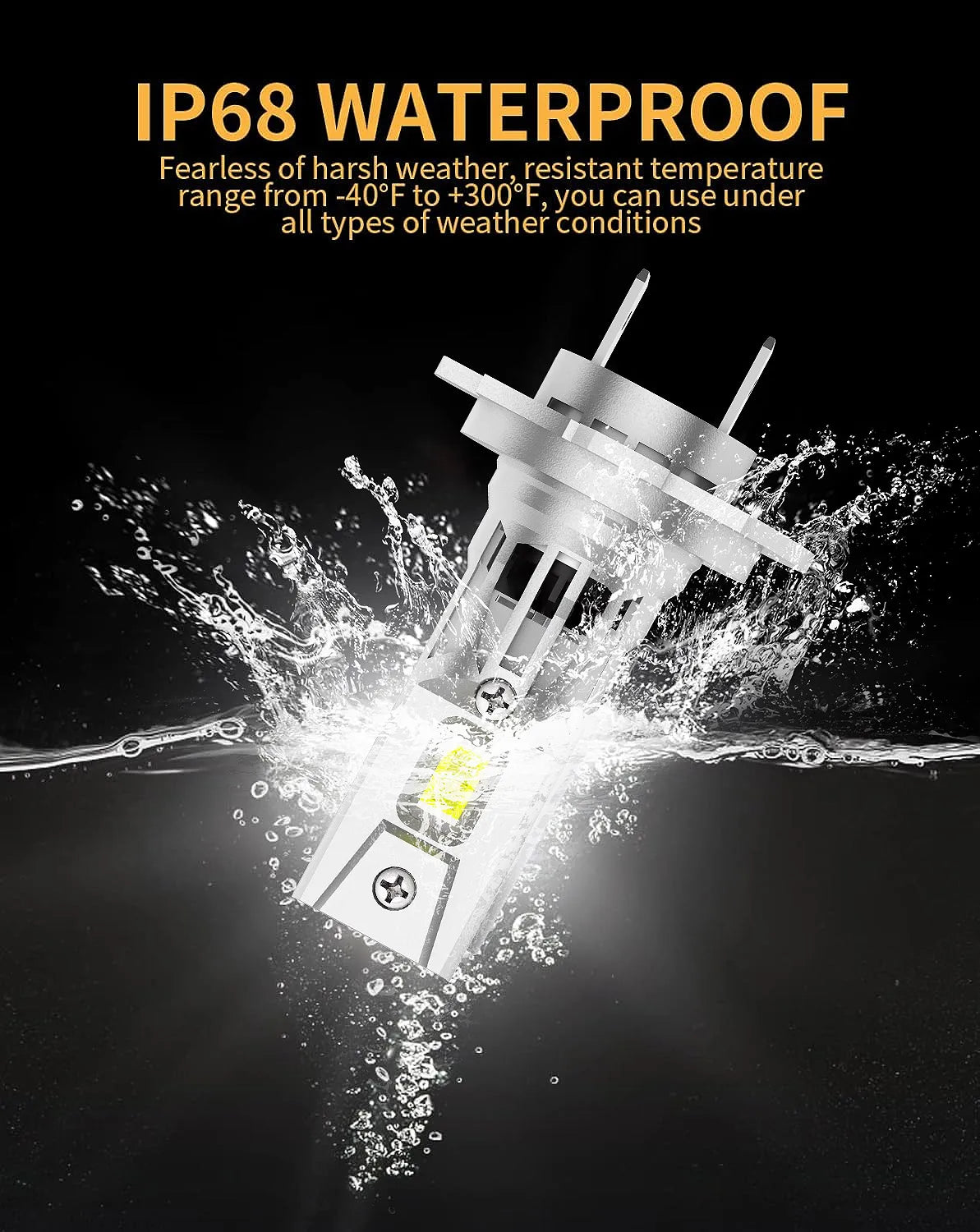 A white IP68 waterproof LED headlight bulb is shown splashing water in a dark environment.