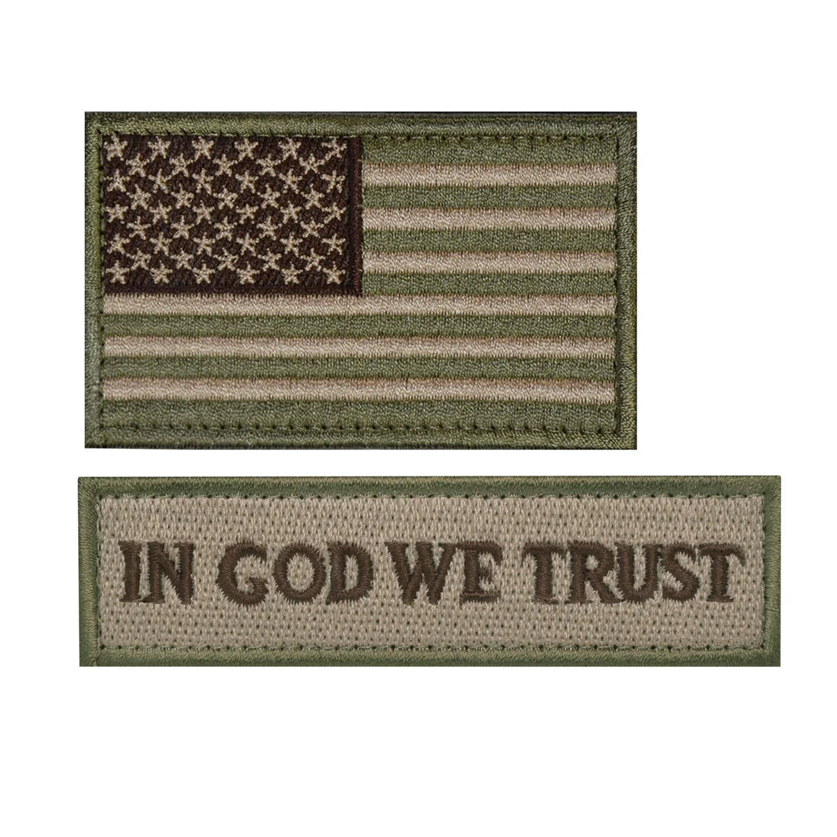 Two embroidered patches featuring the American flag design and the text In God We Trust