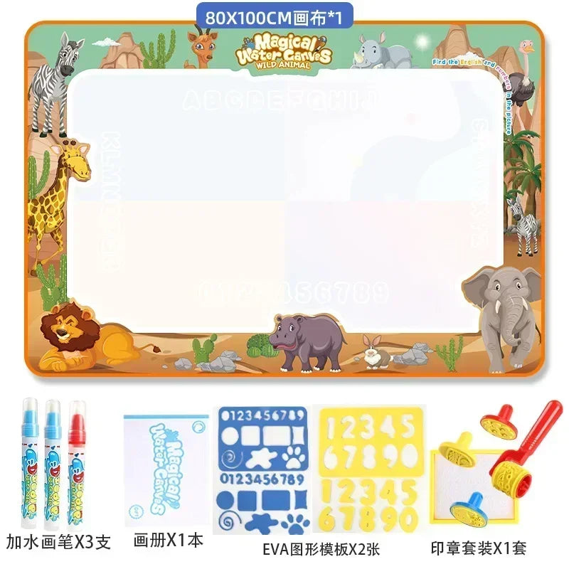 A set of large reusable water drawing mats with magic pens and EVA figure boards for kids