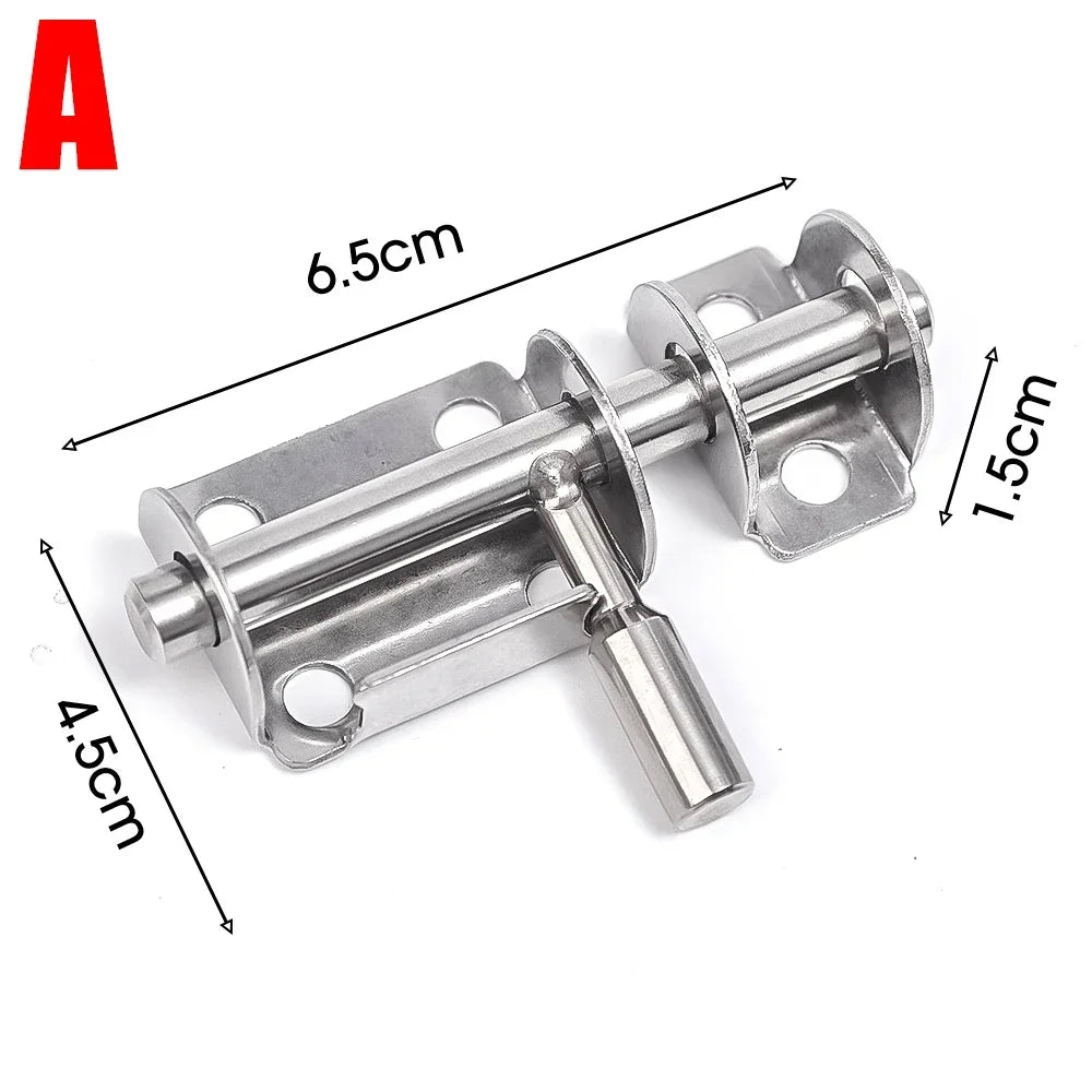 A heavy duty stainless steel door bolt latch with a cylindrical shaft and mounting plates.