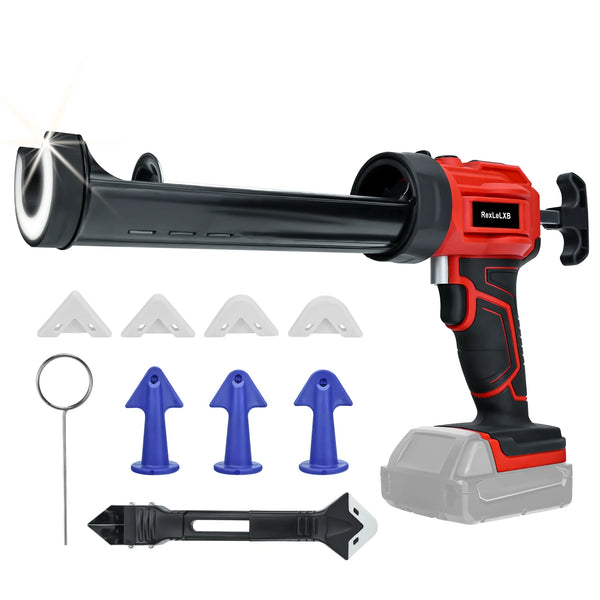 Pistolet à calfeutrer électrique sans fil rouge et noir avec une lumière LED, montrant l'unité principale et divers embouts.