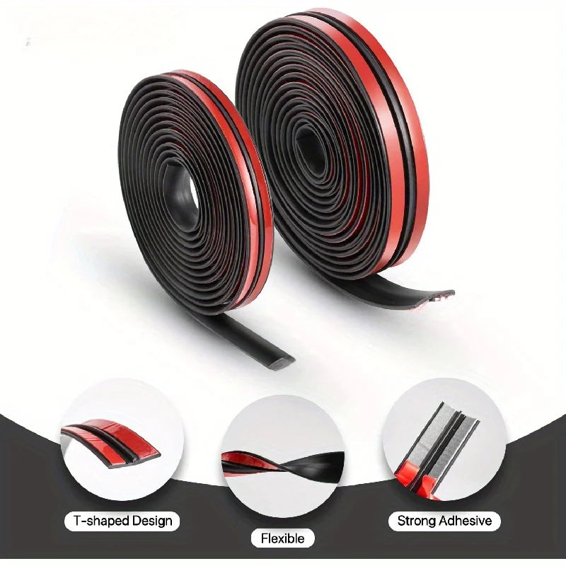 Rolls of black and red T-shaped rubber seal strips for car windshield roof edge gap protection