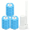 A set of blue and white wall-mounted disposable toilet brush heads and holders.