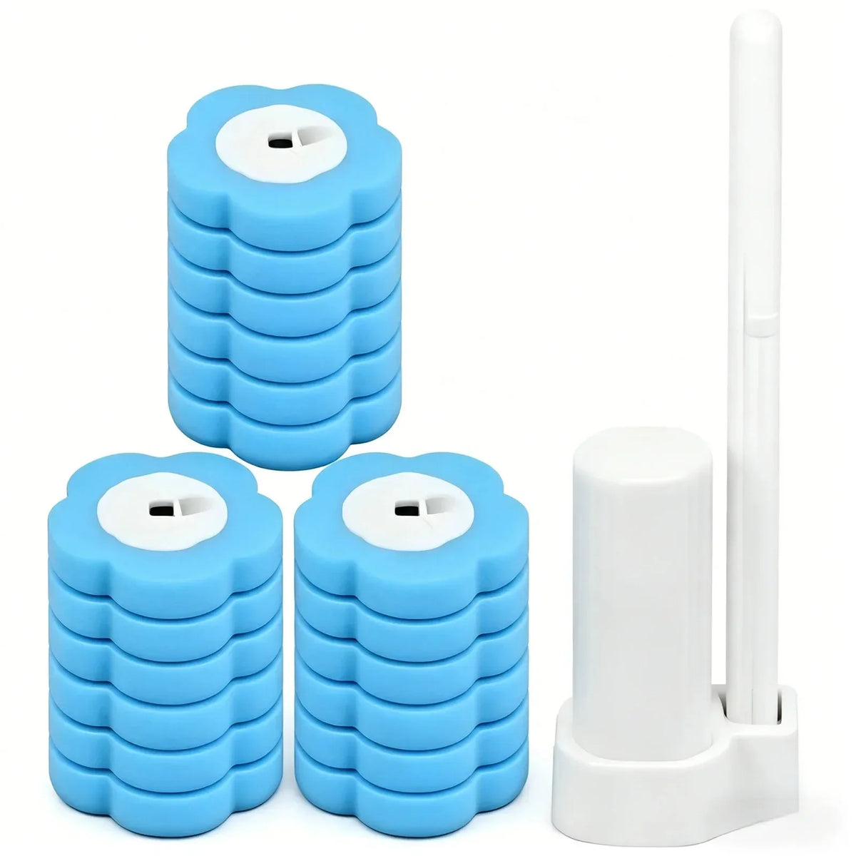A set of blue and white wall-mounted disposable toilet brush heads and holders.