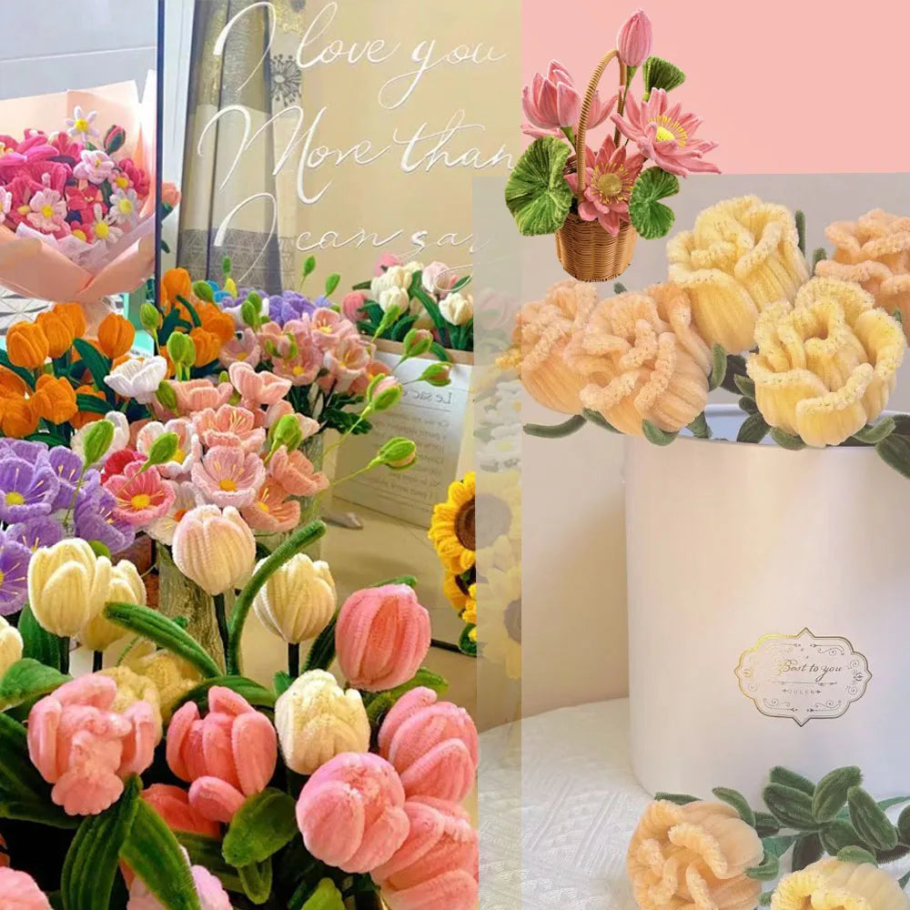 A close-up of colorful chenille craft stems in various shades of pink, yellow, and orange arranged in floral bouquets.