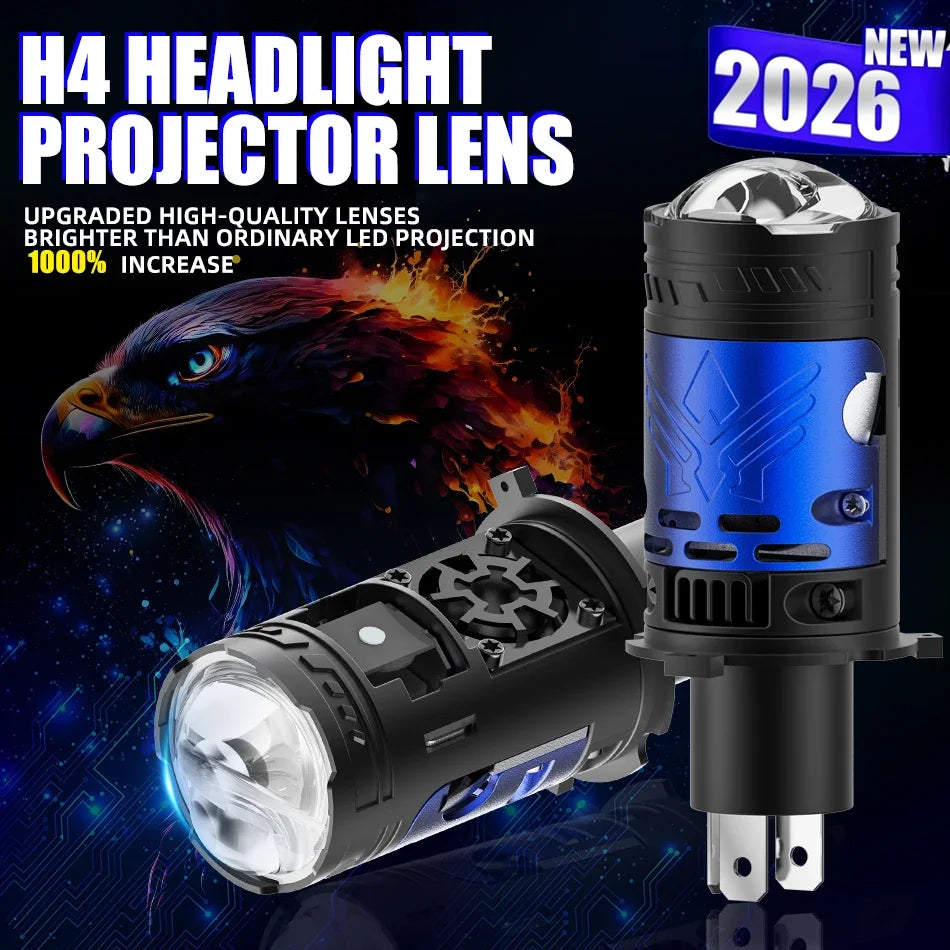 A bright blue H4 headlight projector lens and bulb assembly shown against a dark background.