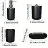 A set of four black bathroom accessories including a soap dispenser, holder, and tray.