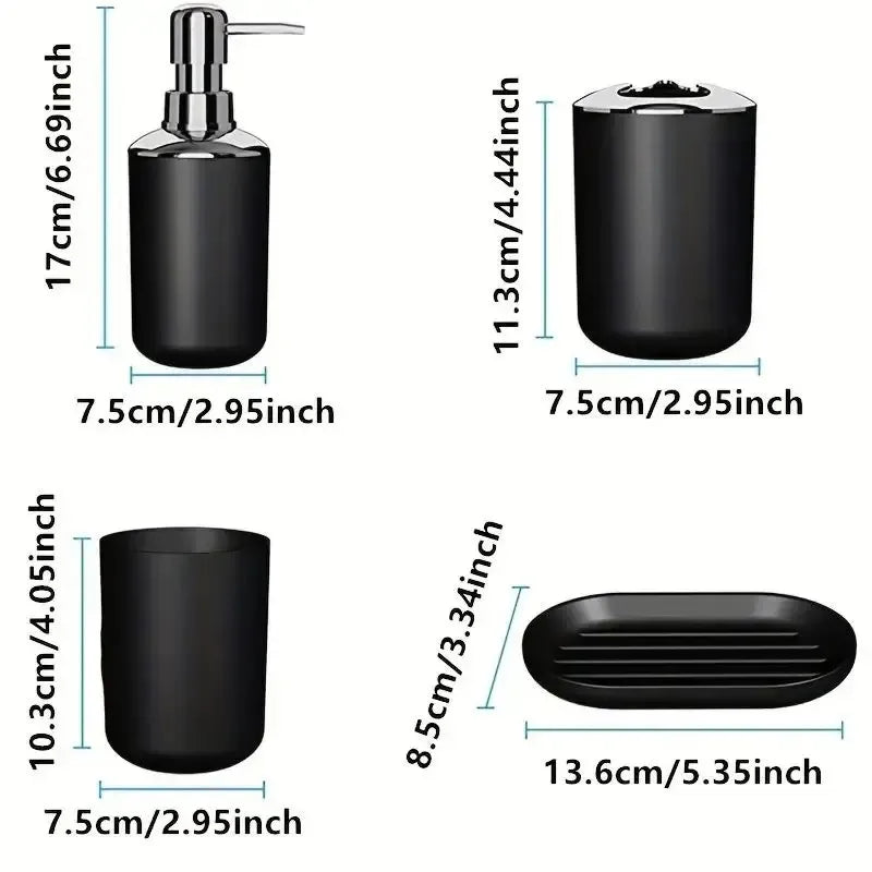 A set of four black bathroom accessories including a soap dispenser, holder, and tray.